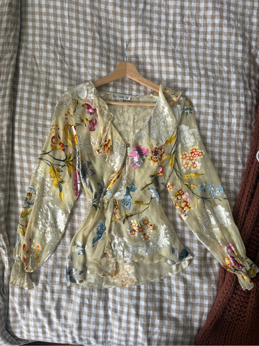 Tone Barker Silk Floral Sheer Wrap Blouse in Light Yellow Size Medium